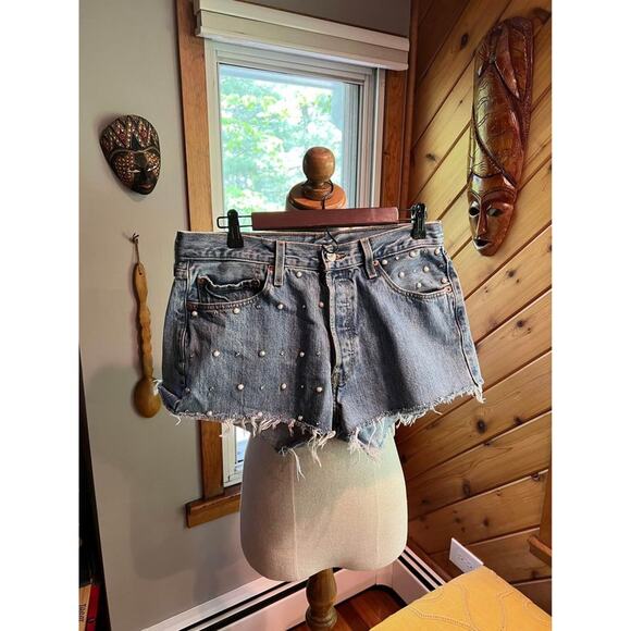 Vintage Custom Upcycled Rhinestone and Pearl Studded Jean Shorts Style 501 - Picture 3 of 6